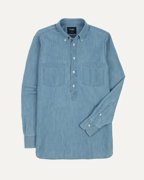 Drake's Stone Wash Cotton Chambray Button-Down Collar Popover Shirt
