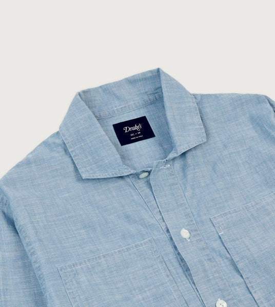 Drake's Blue Cotton Chambray Spread Collar Popover Shirt