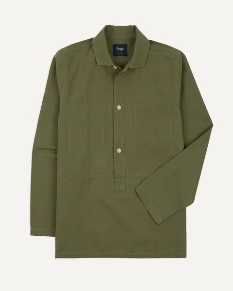 Drake's Green Vintage Cotton Spread Collar Popover Shirt