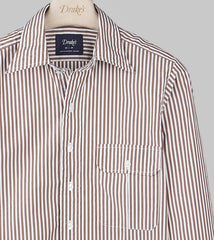 Drake's Brown And White Bengal Stripe Poplin Long Point Collar Shirt