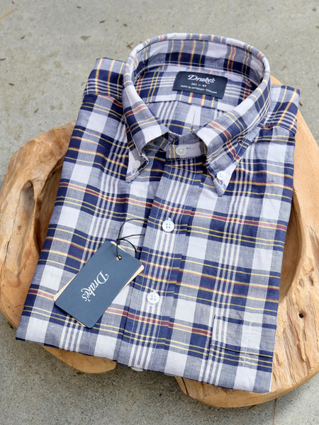 Drake's Navy and Red Check Button Down Shirt