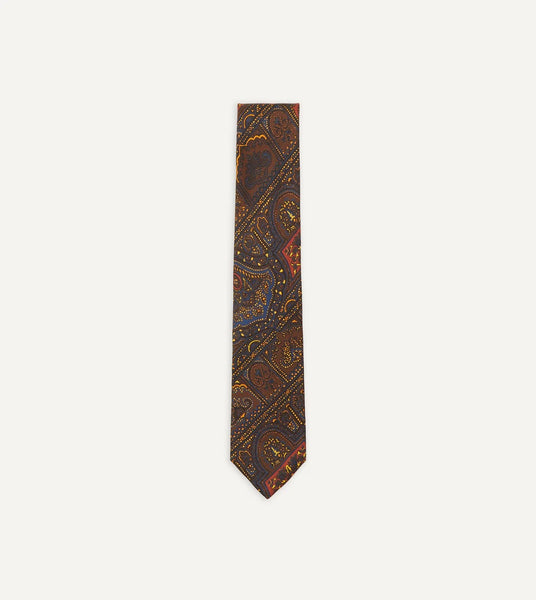 Drake's Brown, Navy and Red Paisley Print Madder Twill Silk Tie