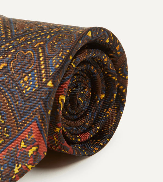 Drake's Brown, Navy and Red Paisley Print Madder Twill Silk Tie