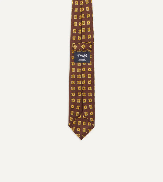 Drake's Brown and Gold Diamond Medallion Print Madder Twill Silk Tie