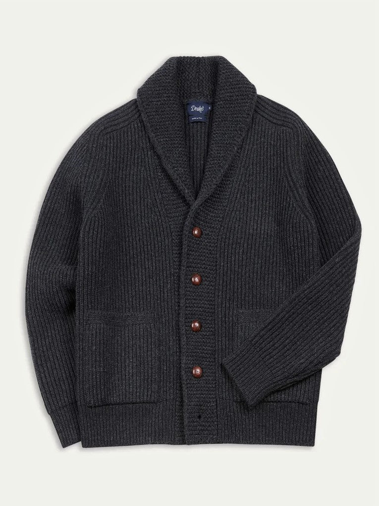 Drake's Charcoal Lambswool 6-Ply Shawl Collar Cardigan