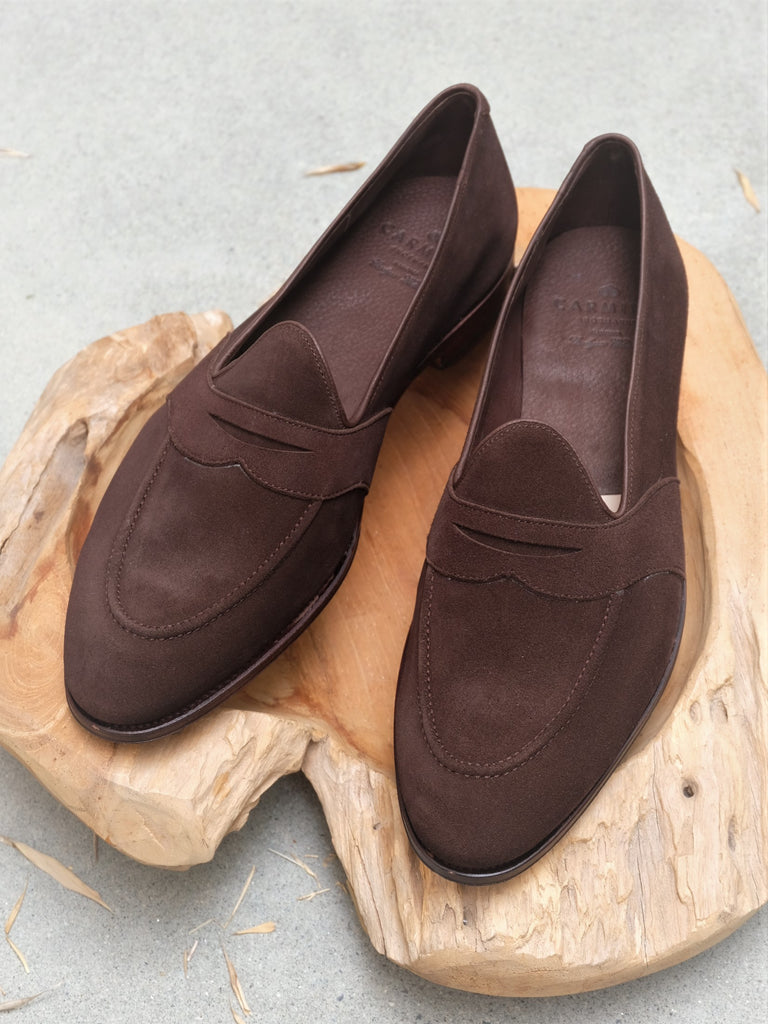 Carmina Unlined Full Strap Penny Loafer in Chocolate Suede – Gentlemens Footwear