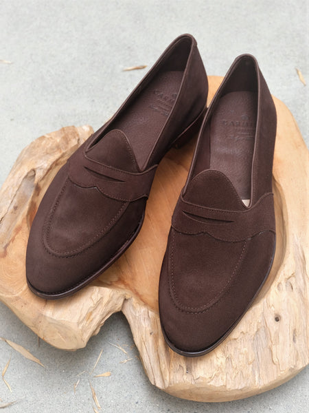 Carmina Shoemaker Unlined Full Strap Penny Loafer in Chocolate Suede