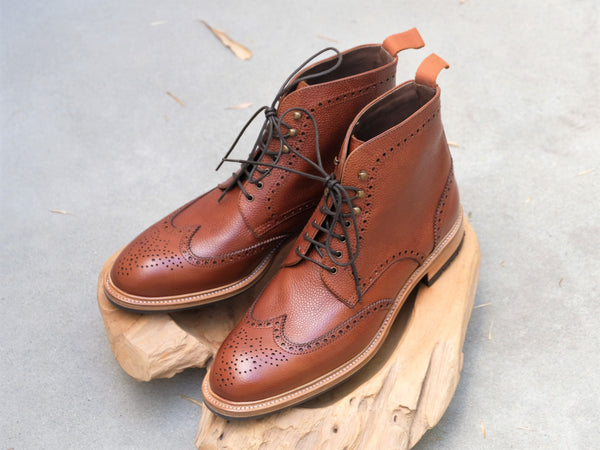 Carmina Shoemaker Wingtip Boots in Chestnut Scotchgrain