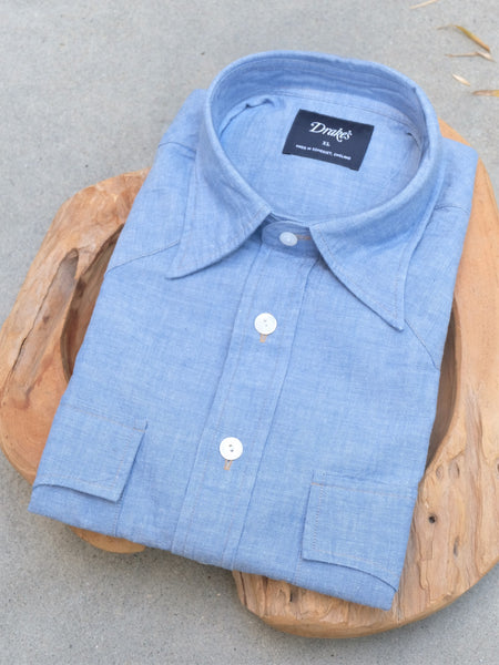 Drake's Light Blue Cotton Chambray Two-Pocket Western Shirt