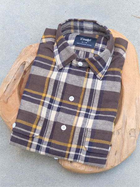 Drake's Brown and Navy Check Brushed Cotton Two-Pocket Work Shirt