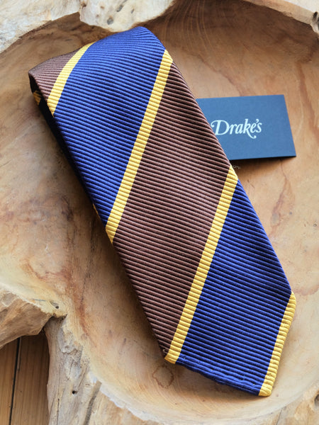 Drake's Navy, Brown and Gold Regimental Stripe Repp Silk Tie