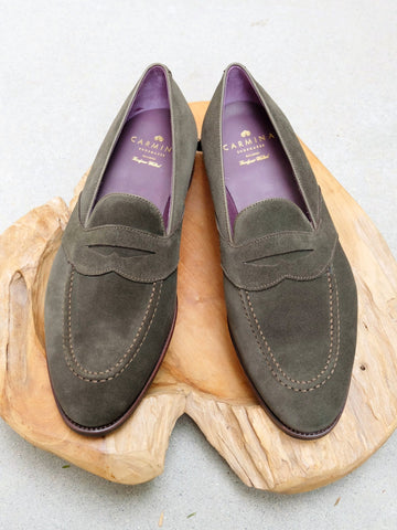Carmina Shoemaker Full Strap Penny Loafer in Loden Suede