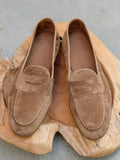 Edward Green Polperro Unlined Loafer in Camel Baby Calf Suede