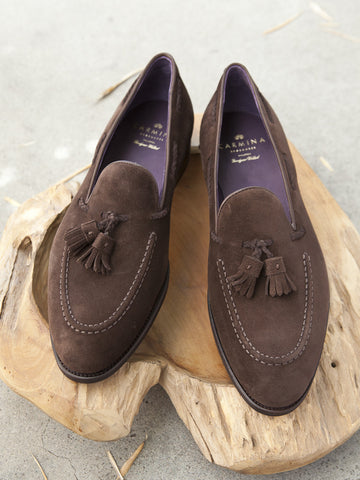 Carmina Shoemaker Braided Tassel Loafer in Chocolate Suede