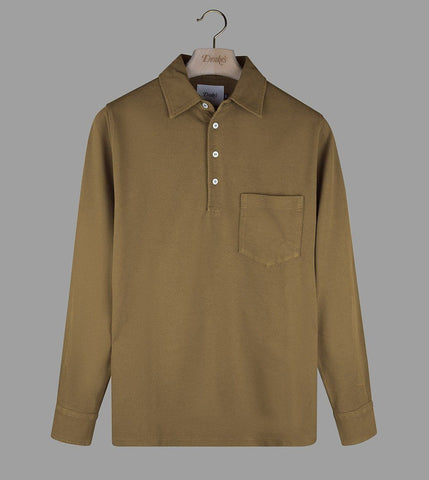 Drake's Olive Cotton Pique Popover Polo Shirt