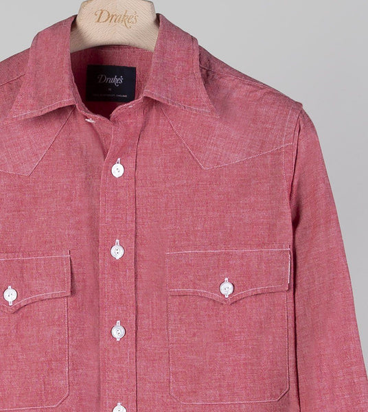 Drake's Red Cotton Chambray Two-Pocket Western Shirt