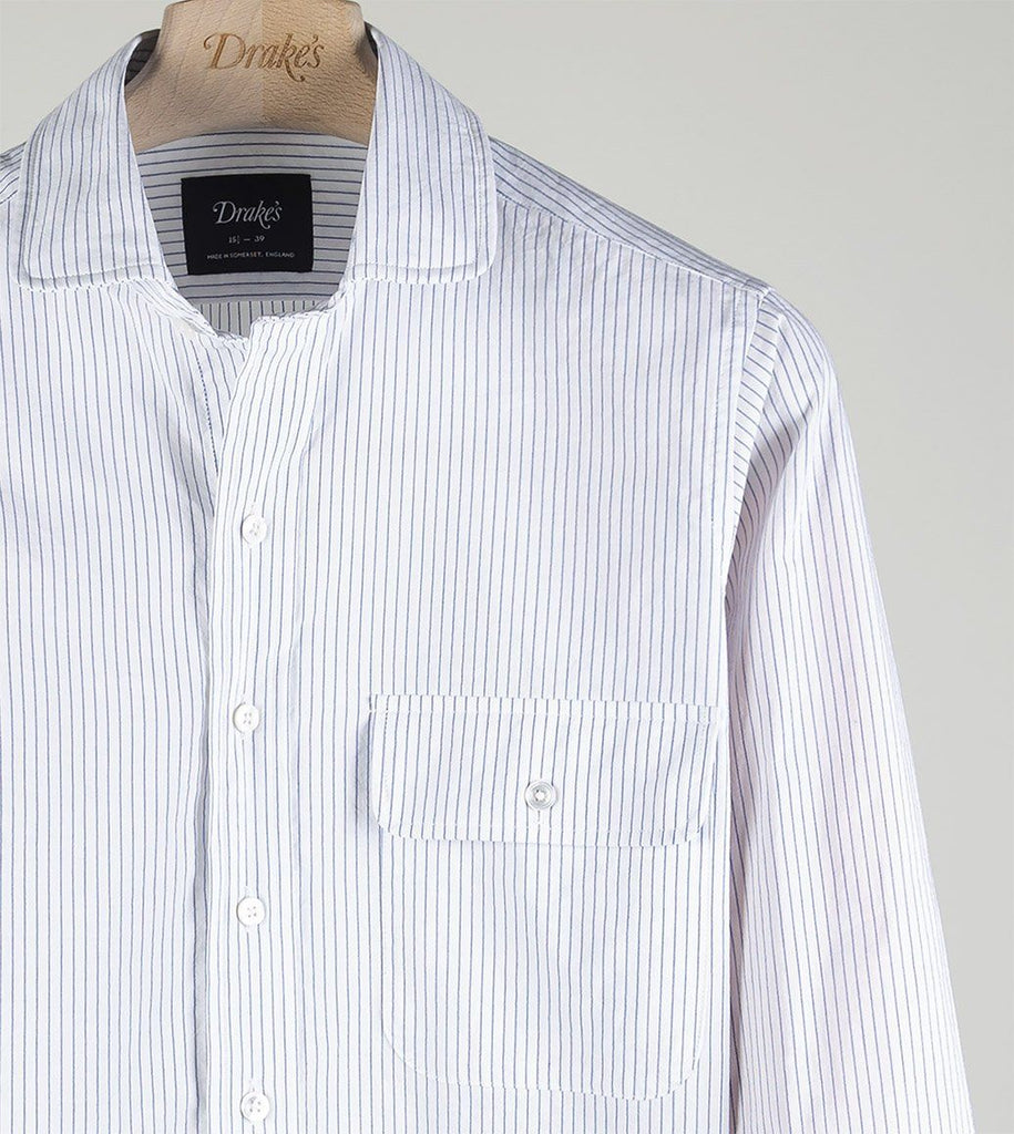 Drake's Light Blue Narrow Stripe Cotton Club Collar Shirt Drake's Light Blue Narrow Stripe Cotton Club Collar Shirt