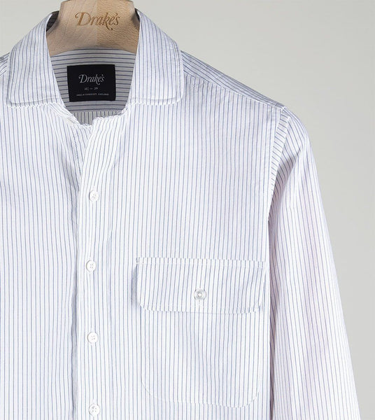 Drake's Light Blue Narrow Stripe Cotton Club Collar Shirt