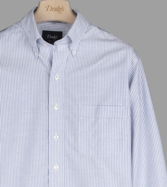 Drake's Light Blue Ticking Stripe Cotton Oxford Cloth Button-Down Shirt