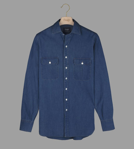 Drake's Bleached Blue Cotton-Linen Denim Two-Pocket Work Shirt