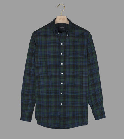 Drake's Navy and Green Check Cotton-Linen Button-Down Shirt